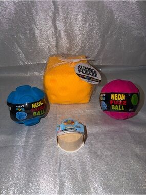 One Squishy Dumpling, One Squishy Cheese & Two Neon Fuzz Balls